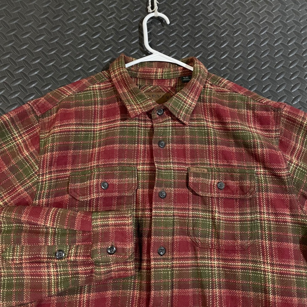 Orvis Red Green Plaid Flannel Button Up Long Sleeve‎ Shirt Men's Size XL